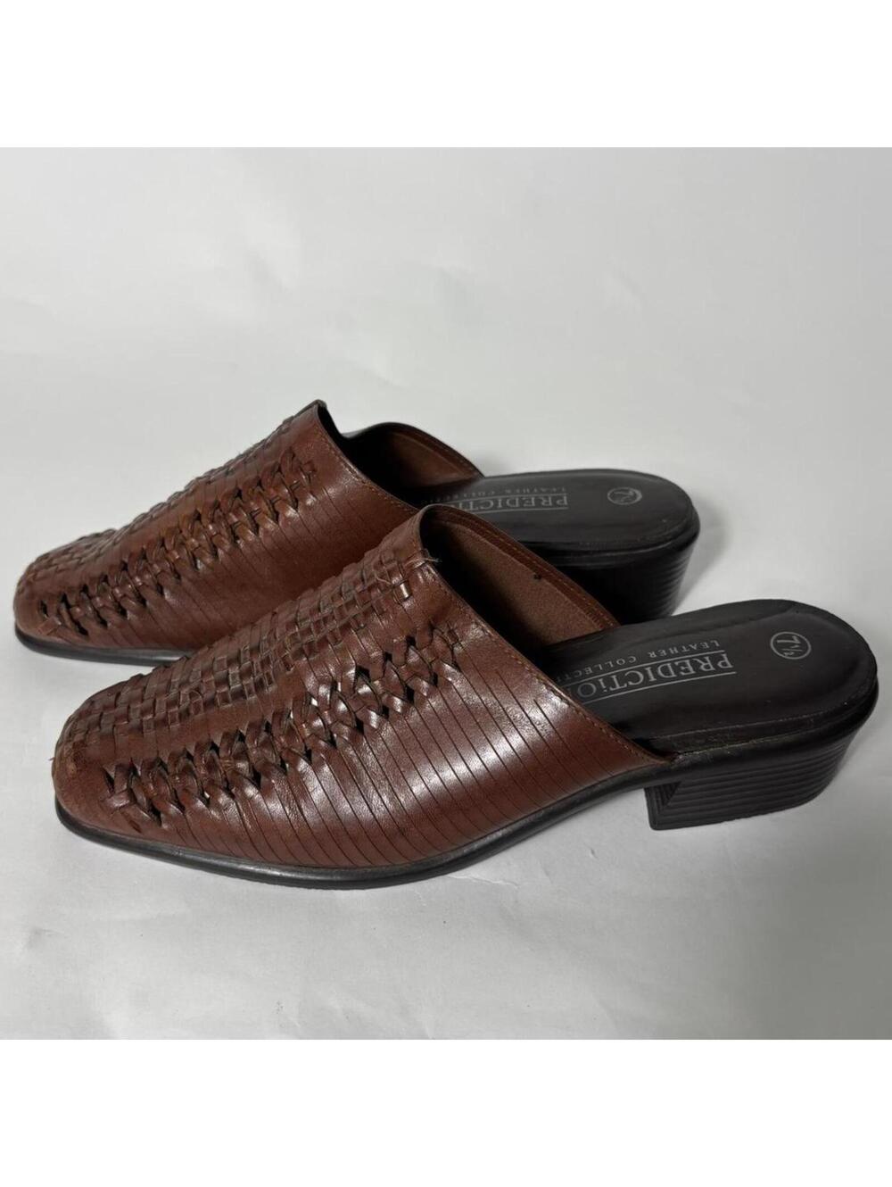 Vintage Brown Woven Leather Mule Heels Size 7.5 | Huarache Style Slip On Shoes